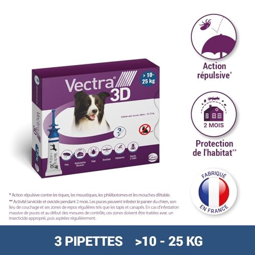 Vectra 3D Solution Spot-on pour Chiens > 10–25 kg - Efficacité Anti-tiques et Punaise d' lit - 3 Pipettes