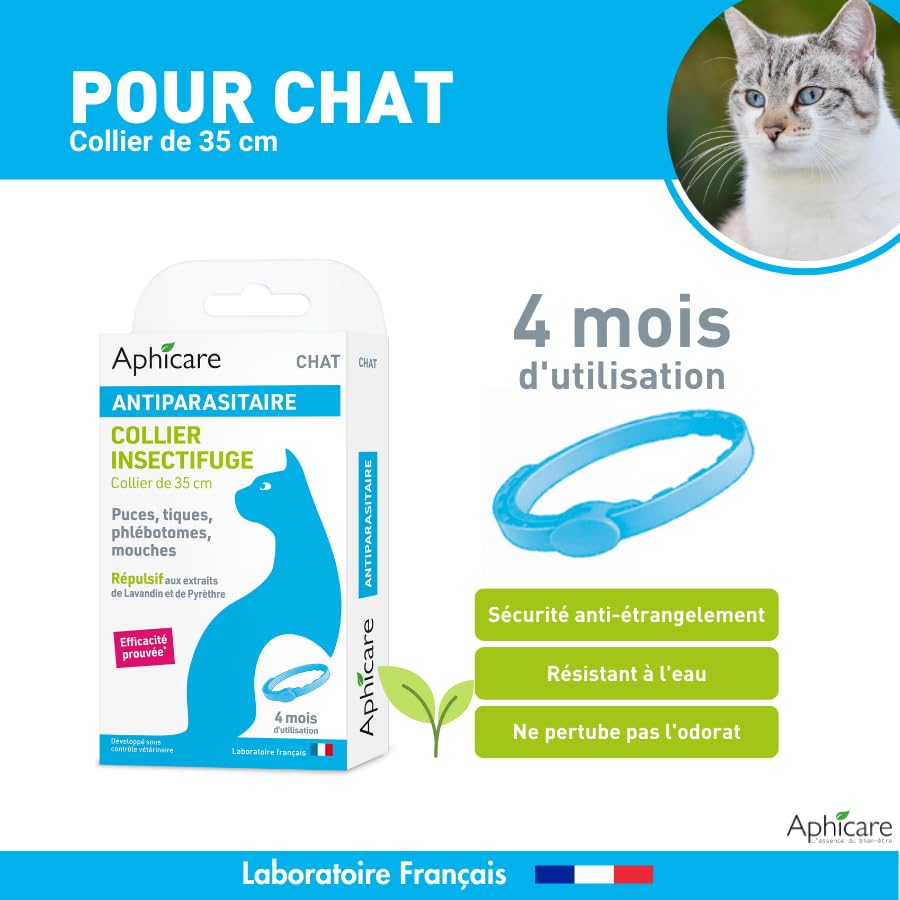 APHICARE - Collier antiparasitaire pour chat - Réglable - 35 cm - Anti-étranglement - Fabriqué en France - Protecteur na
